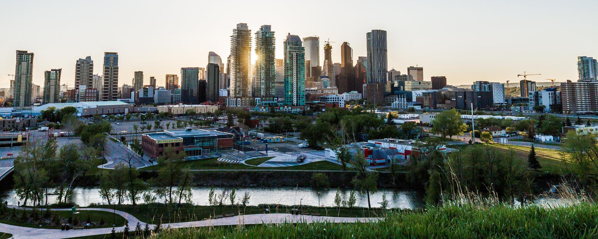 A view of downtown Calgary from the north side of the Bow River