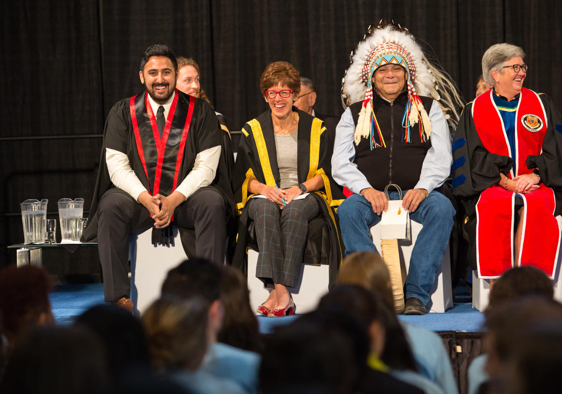 From left: Students' Union President Sagar Grewal, Chancellor Deborah Yedlin, Traditional Knowledge Keeper Kelly Good Eagle, and Provost Dru Marshall. 