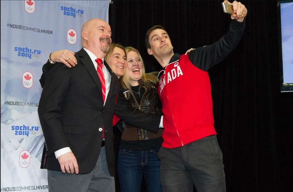 In this Sochi 2014 Olympics team announcement photo, long track speedskater Denny Morrison, right, poses for a selfie with, from left: Canadian Olympic Committee board member Gene Edworthy; France St-Louis, Canadian Olympic Team assistant chef de mission for Sochi; and Michelle Rempel, then Minister of State (Western Economic Diversification). 