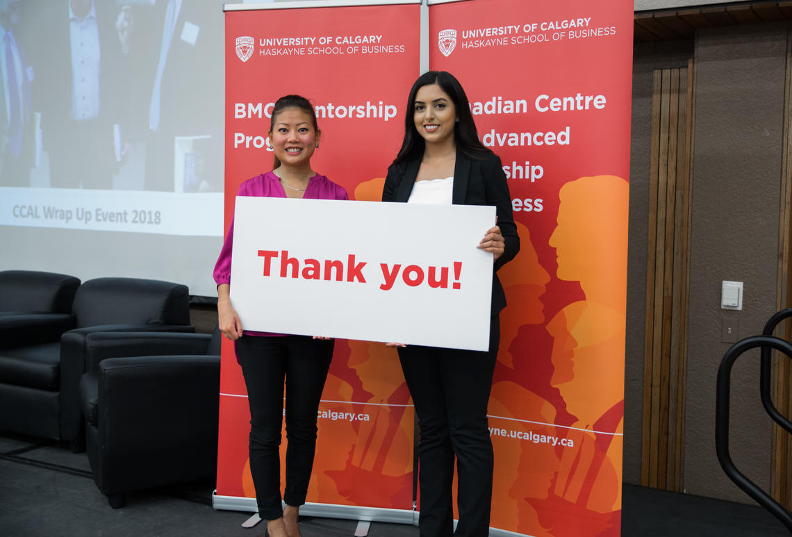Haskayne mentor Faith Jean and mentee Jasmeen Gill thank BMO Financial Group for their investment in the mentorship program and MBA scholarships. 