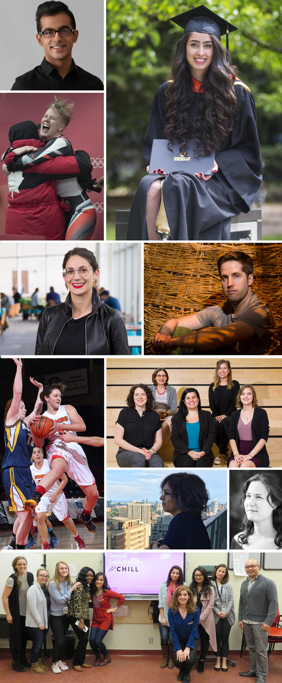 Clockwise from top left: Future Rhodes Scholar Rahul Arora; Schulich graduate and crash survivor Sara Elkady; bee nest sculptor Dylan McLernon; some of our latest Vanier scholarship recipients; Dorsa Sobhani, a Bahai'i who fled persecution in Iran; Aura Pon, co-inventor of a musical instrument for the unborn child; nursing students who worked to raise awareness about local cases of human trafficking and sexual exploitation; star student-athlete Brianna Ghali; Janine Farrell, who helped develop consent train