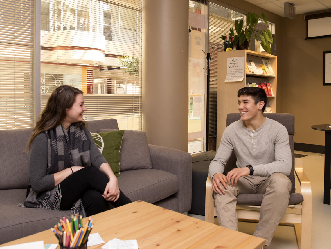 Peer Listeners Brandon Huynh and Meghan Muller volunteer together at the Well, a space dedicated to promoting student health and well-being on campus. 