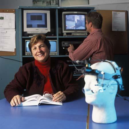 Joan Vickers, PhD, discovered the "Quiet Eye" which measures where elite athletes and surgeons focus their attention before completing a critical task. The eye tracking device seen here measures where and how long the suject focuses their gaze.