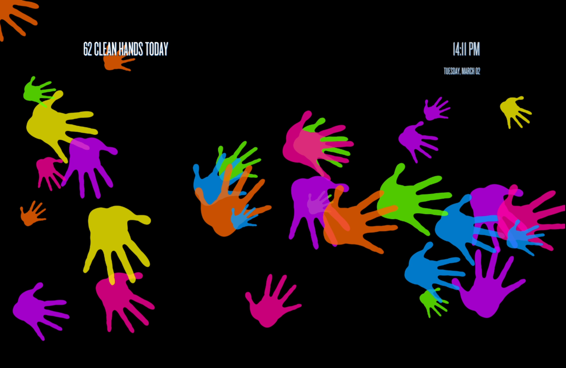 colourful images of hands populate a a dark screen that displays '62 clean hands today'