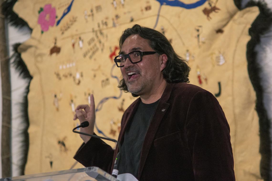 Photo: Adrian Stimson speaks about his map First Nations Stampede at the Glenbow Museum, March 26, 2021. Photo by Sean Lindsay.