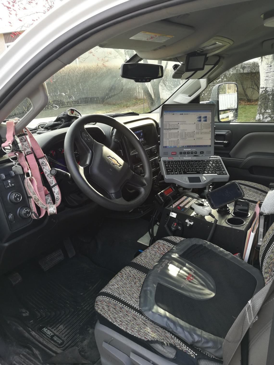 Interior of a vehicle used to enforce dog rules and transport dogs in Calgary.