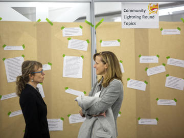 Participants discuss their submitted topics for the afternoon table discussions at Knowledge to Impact: Igniting Community Engagement in the City Building Design Lab on Monday, April 29, 2019.