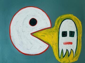 A painting of a white pacman eating a white ghost