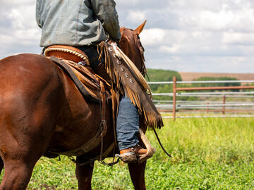 A closeup shot of a man riding a horse