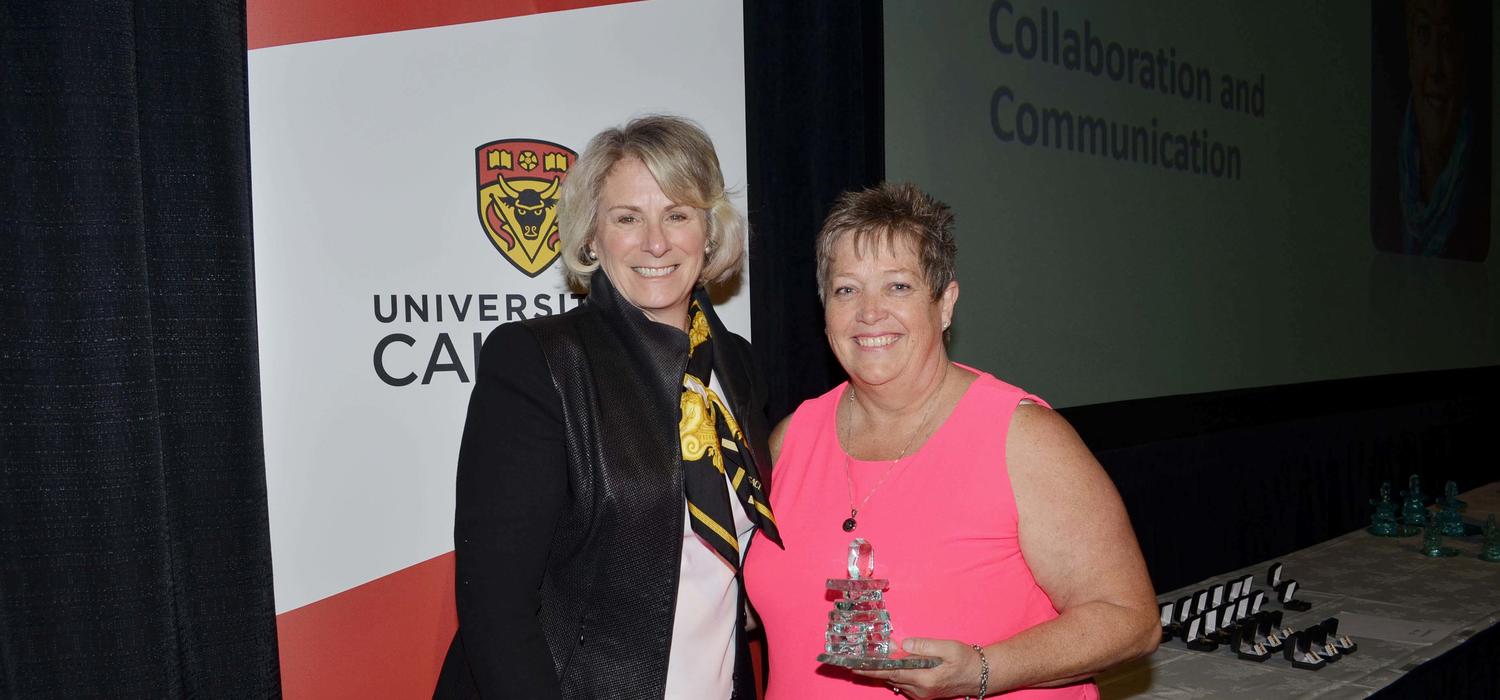 University of Calgary President Elizabeth Cannon with Lori Somner at the 2017 Recognition Awards, which honours long service award recipients and U Make a Difference award nominees and recipients. This year's ceremonies will be held May 8.