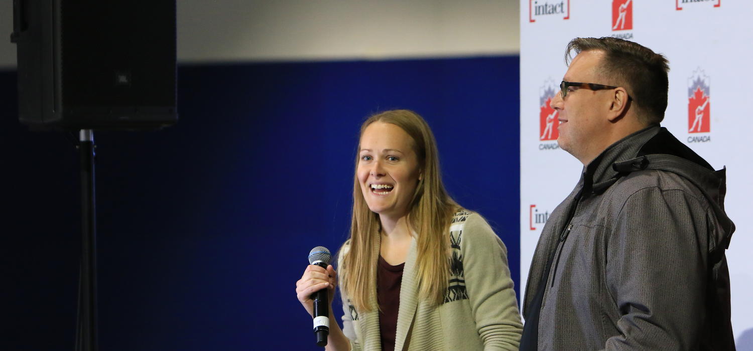 University of Calgary alumna Jessica Gregg, two-time Olympian and Olympic medallist, was inducted into the Olympic Oval Hall of Champions Nov. 4. With her is event MC Mike Moman.