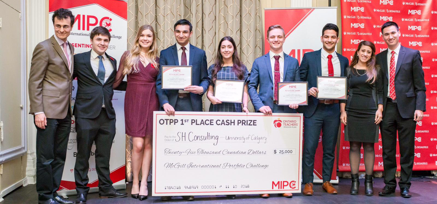 Team SH Consulting won top prize in the McGill International Portfolio Challenge. Holding certificates, from left: Alim Suleman, Daria Emami, Wyatt Phillips and Rafael Sliva. The team was coached by Tom Holloway and Rene Wells. Photo courtesy McGill International Portfolio Challenge