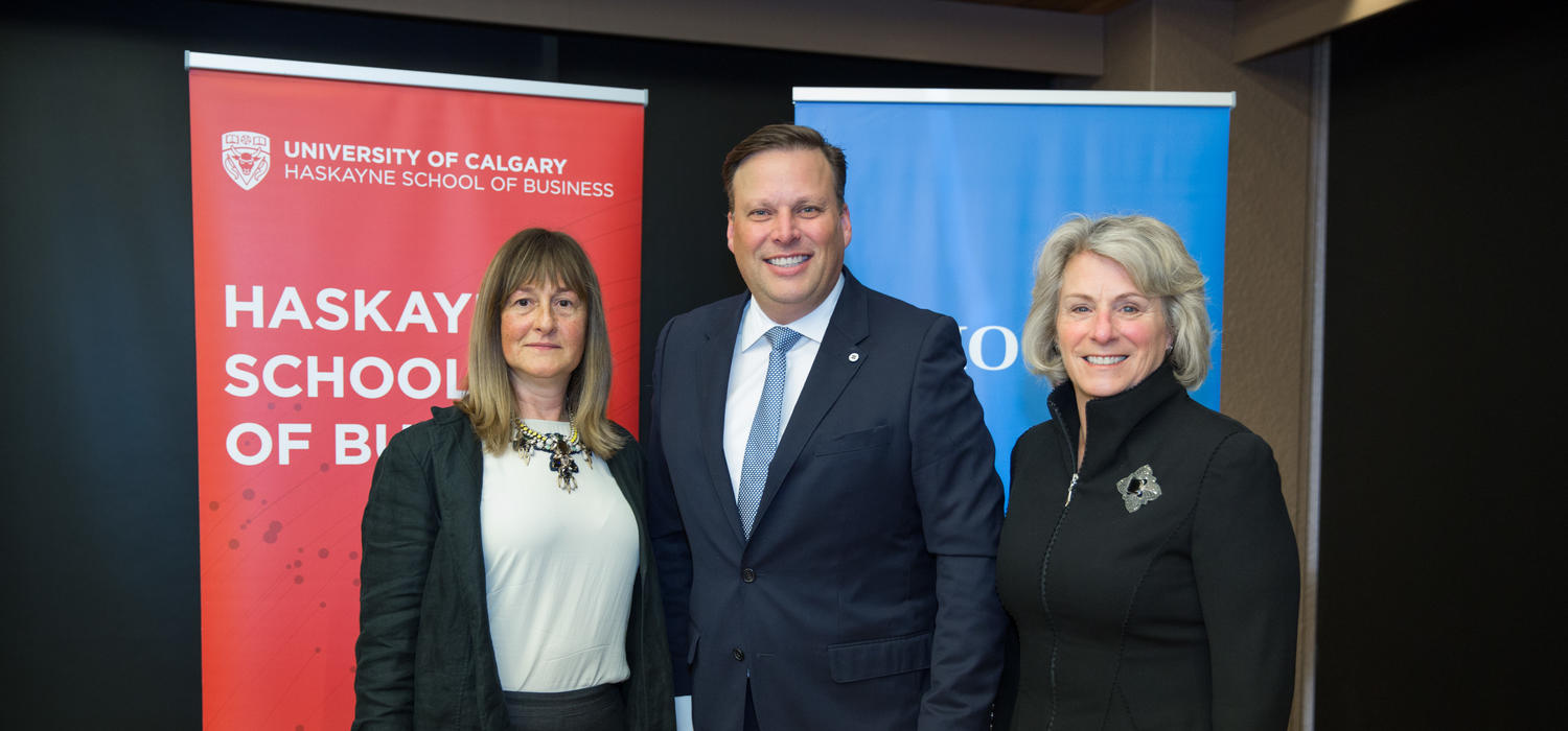 With University of Calgary President Elizabeth Cannon, right, are Glenda Reynolds, director, Canadian Centre for Advanced Leadership in Business, and John MacAulay, senior vice-president, Prairies and Northwest Territories, BMO Bank of Montreal.