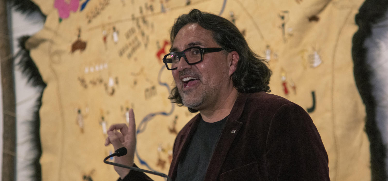 Photo: Adrian Stimson speaks about his map First Nations Stampede at the Glenbow Museum, March 26, 2021. Photo by Sean Lindsay.