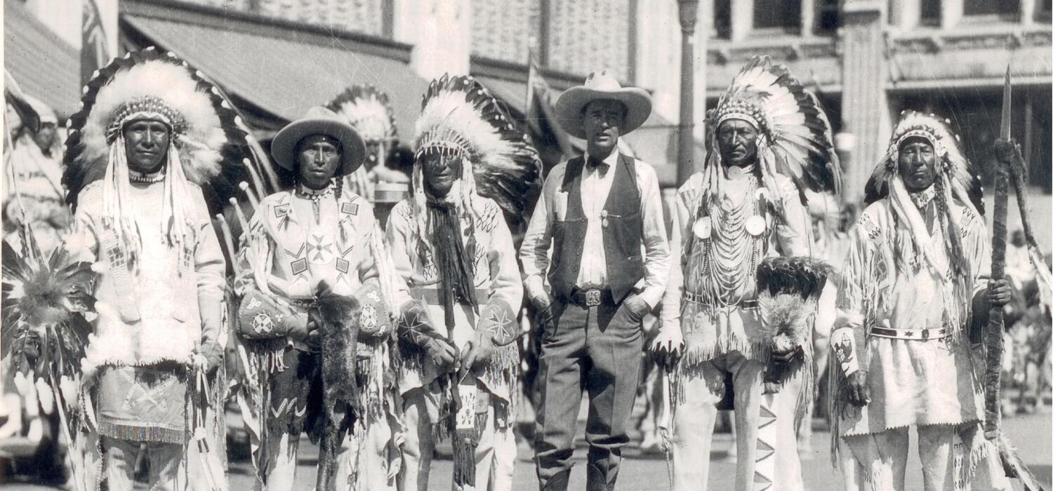 Guy Weadick and Indigenous participants in the Stampede parade, 1926.