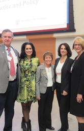 Among those attending the conference at the University of Calgary were, from left: Chris Wilkes, professor, Cumming School of Medicine; Leela Aher, MLA, Chestermere-Rocky View; Jacqueline Smith, assistant professor, Faculty of Nursing; Amelia Arria, associate professor, University of Maryland School of Public Health; Dianne Tapp, dean, Faculty of Nursing; and Ken Winters, senior scientist, Oregon Research Institute. 