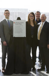 At the dedication of the Jeff and Liz Anne Tonken Plaza, from left: Bill Rosehart (dean, Schulich School of Engineering); James Survey, Dave Humphreys and Christopher Carlsen (Birchcliff Energy); Lindsay Hiendl (Schulich fourth-year mechanical student); Bruno Geremia, Jeff Tonken, Michelle Rodgerson and Myles Bosman (Birchcliff Energy).