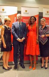 At the Continuing Education graduation ceremony June 12, from left: Chancellor Deborah Yedlin, President Ed McCauley, Mariama Barry, Provost Dru Marshall, Continuing Education director Sheila LeBlanc, and UCalgary senators Jackie Engstrom and Tim Meagher. Photo by Continuing Education Staff