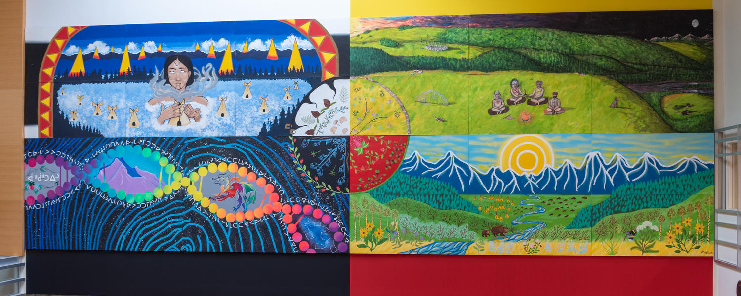 Indigenous mural with four sections depicting Indigenous well-being, medicine and health