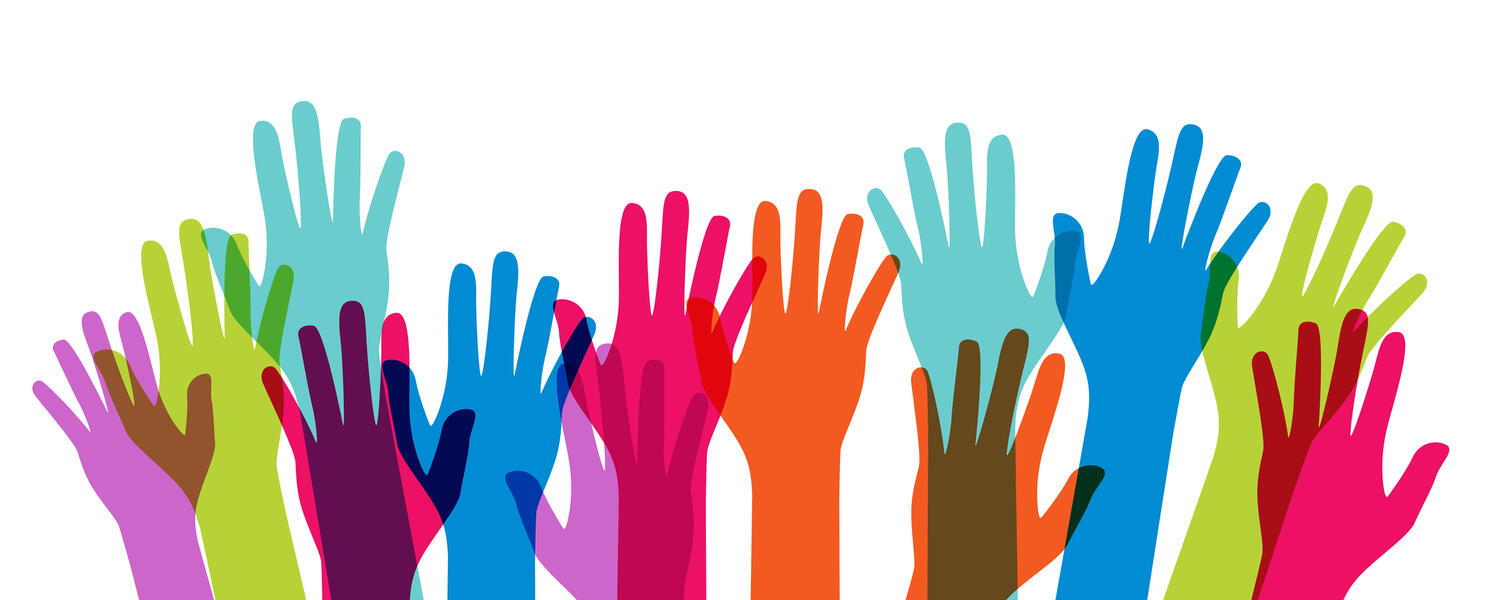 A vector image of a row of different coloured hands (purple, green, blue, pink, orange) reach up on a white background