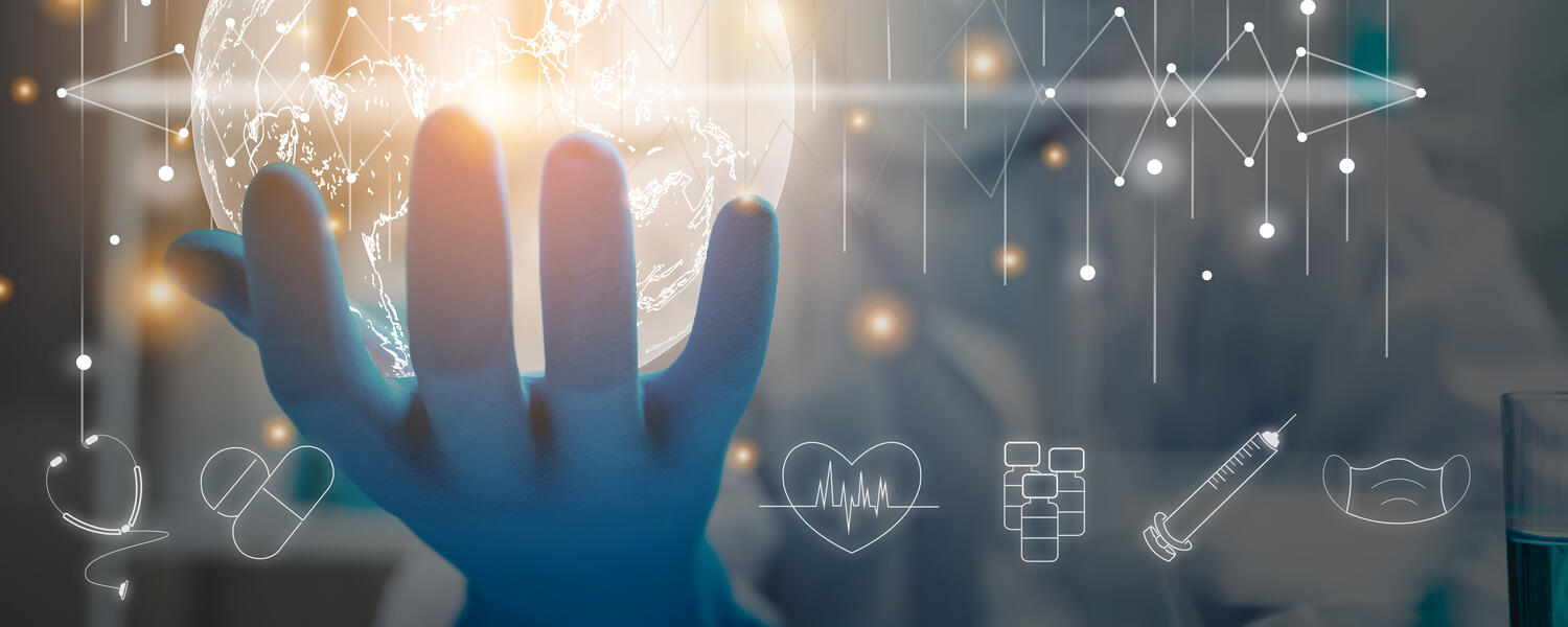 healthcare worker hand holding globe with research icons