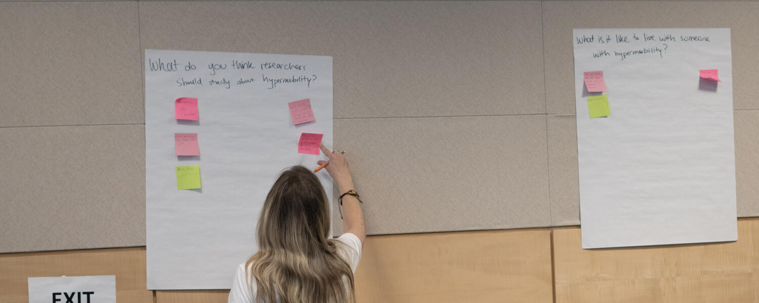 A woman with long blond hair and a white shirt has her back to the viewer and is posting a sticky note on a wall under the question, "What do you think researchers should study about hypermobility?"