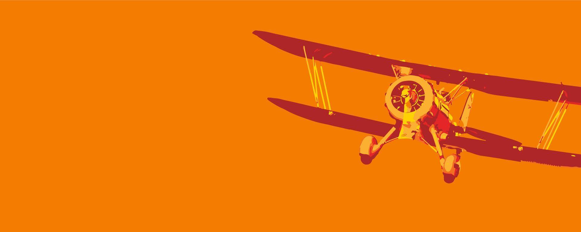 Image of an old-style biplane flying over an orange background.