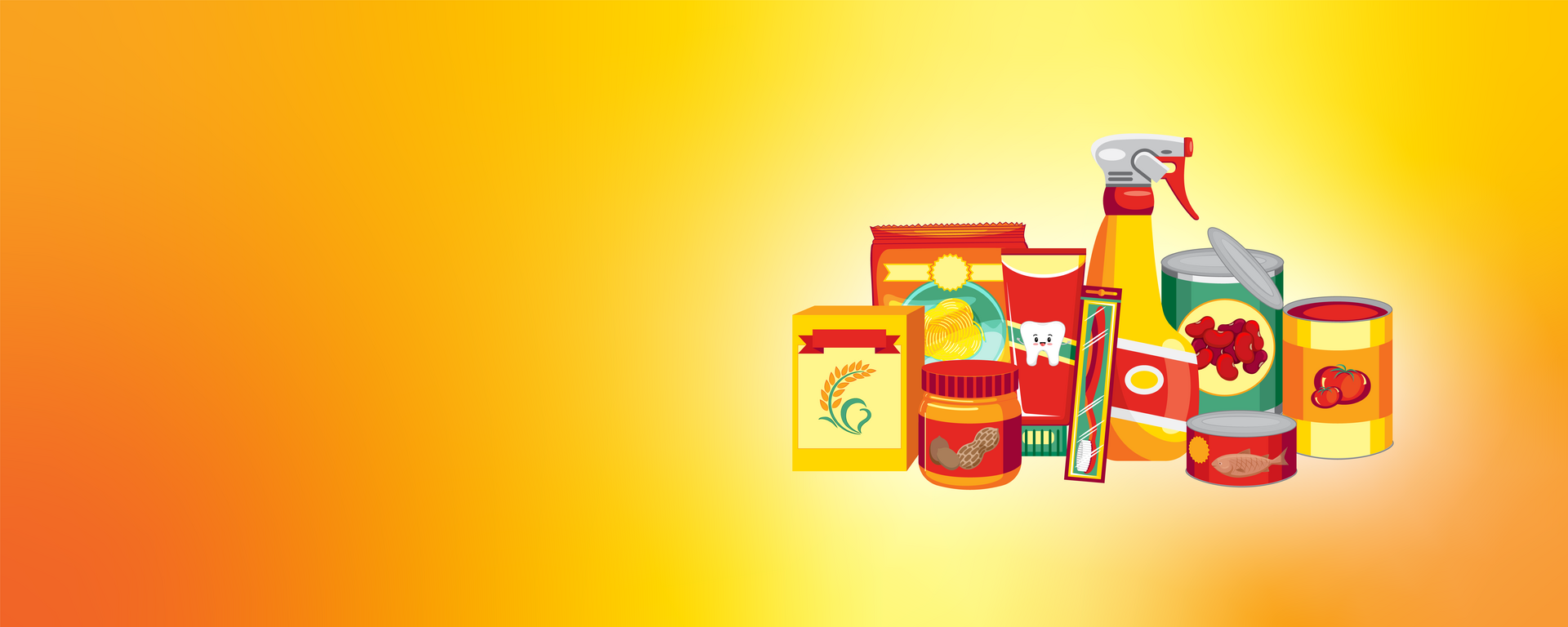 Community Pantry-Illustration of packaged food, cleaning and hygiene items with a yellow background