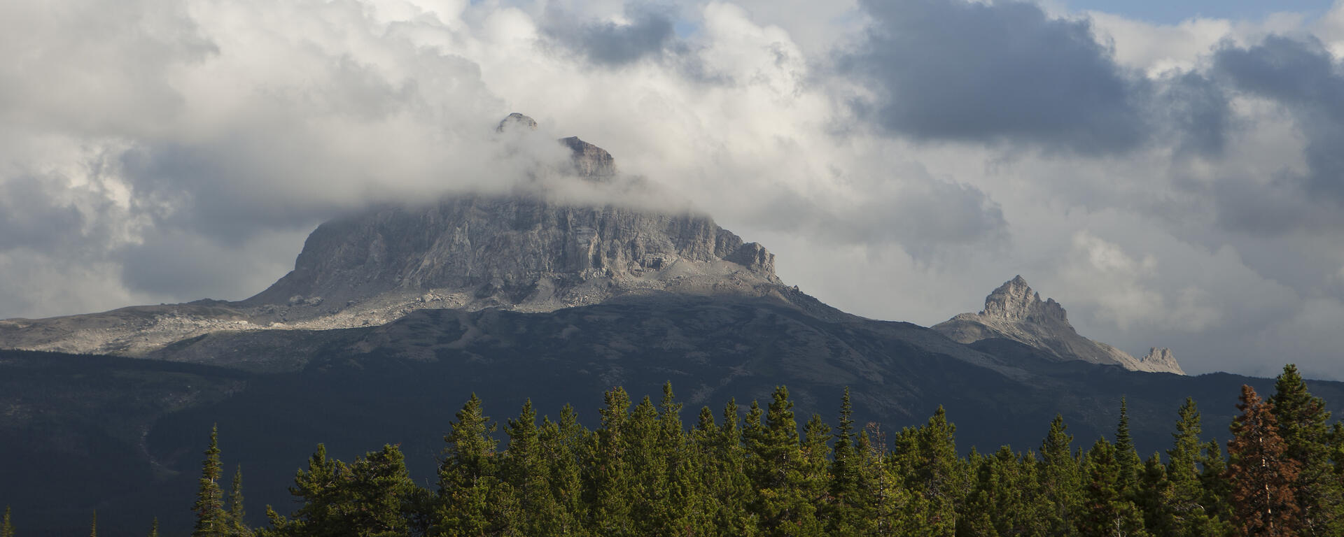 A scenic view. There are puffy clouds in the sky, billowing over a mountain peak in the background. There are pine trees on the lower third of the landscape image