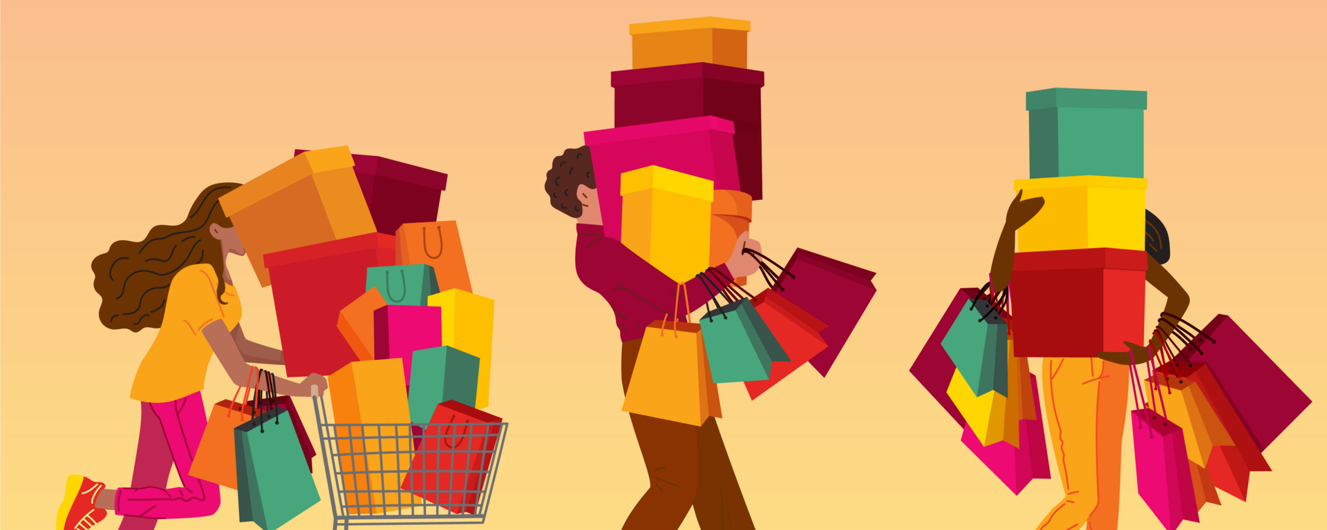 animation of three people with shopping bags