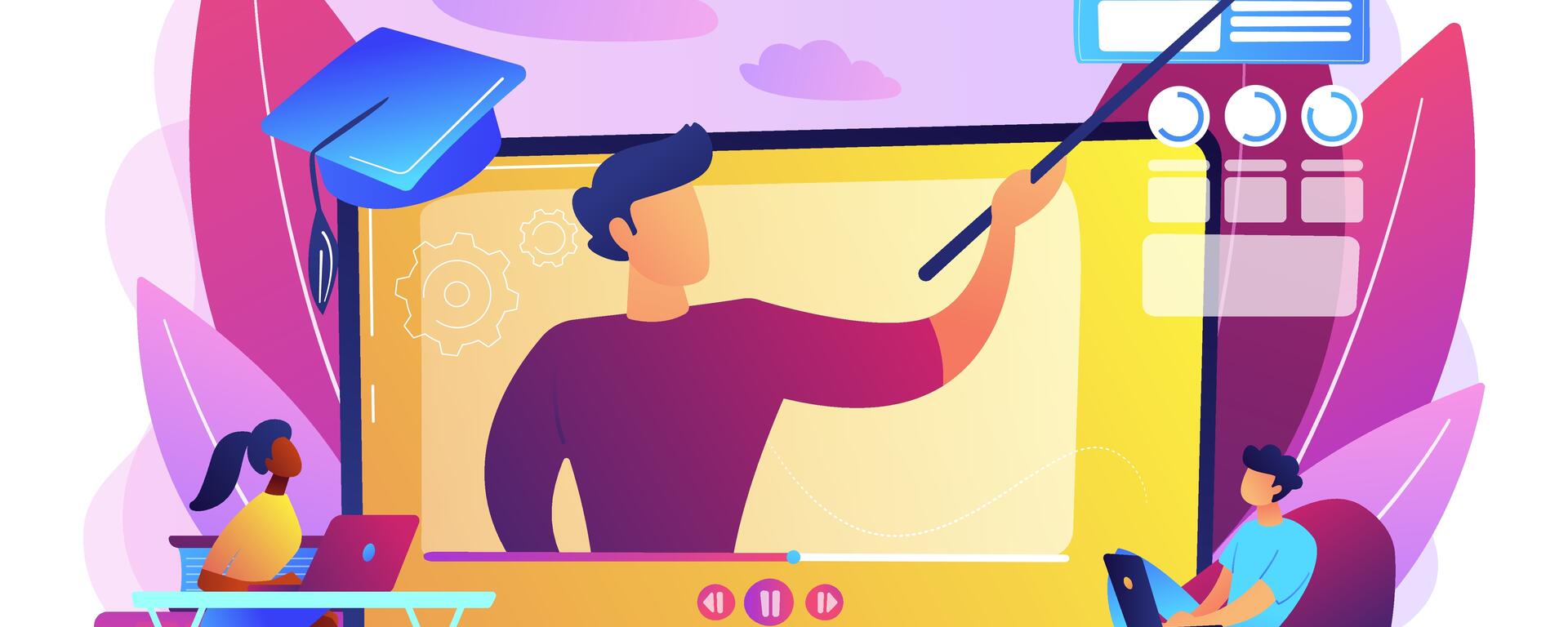 two seated figures with laptops, watching another figure gesturing on a screen.