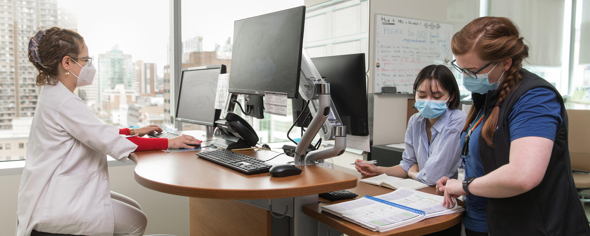 colleagues at computer work station review work