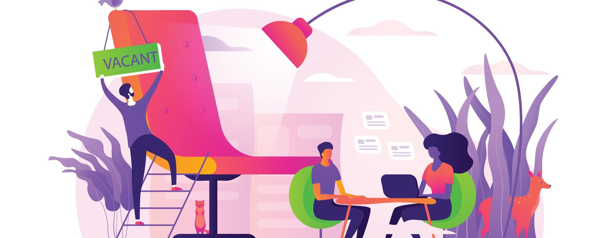 Illustration of two figures with laptops seated at a table. There isa large chair and a person is hanging a sign that says 'vacant' over it.