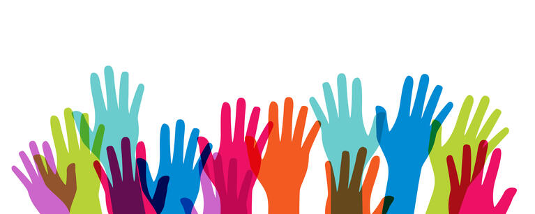 Illustration of a group of several colourful hands raised