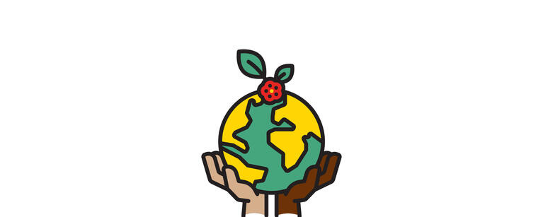 Two hands, one lighter skin tone one darker, hold up a globe with a small flower and leaf on top.