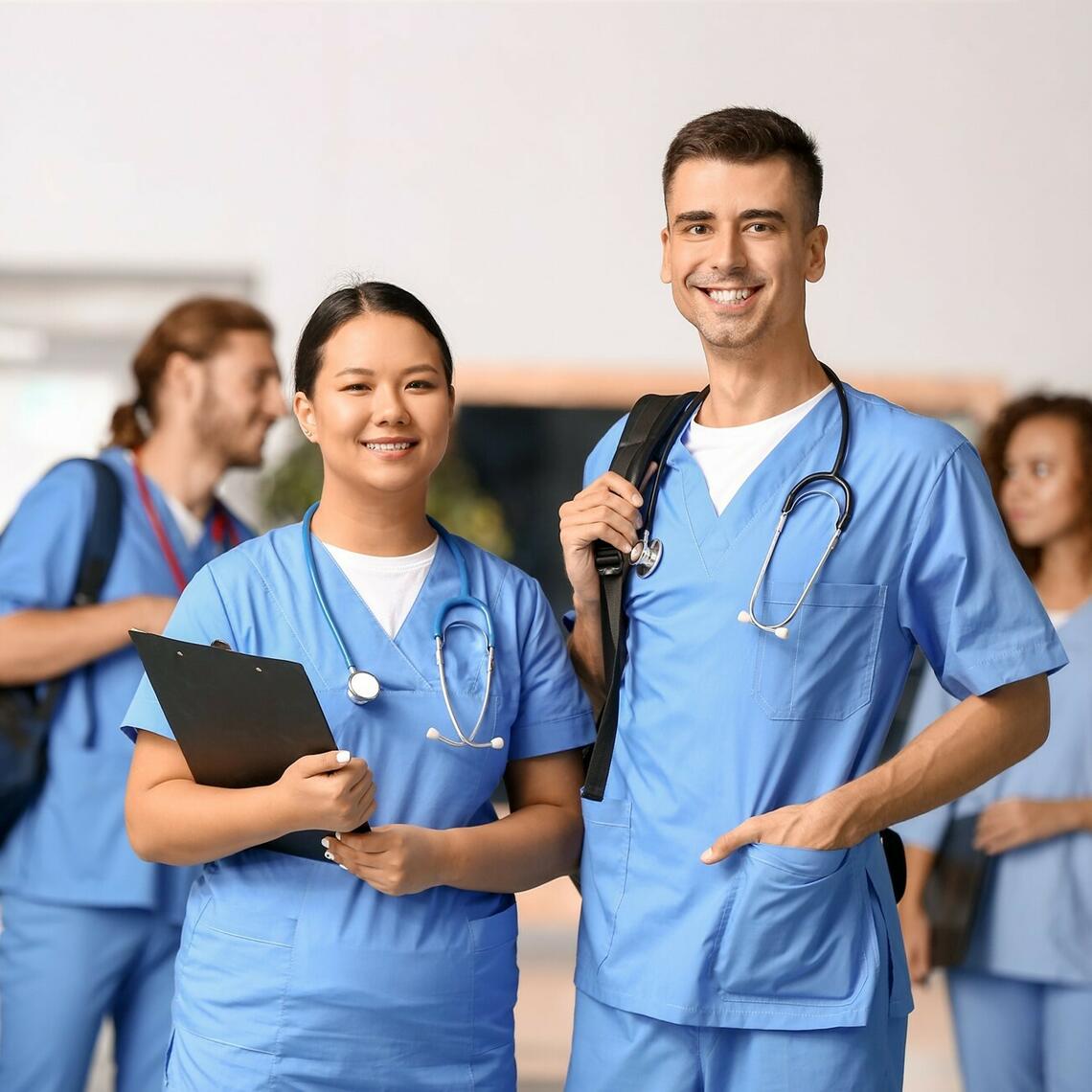 medical residents in blue scrubs