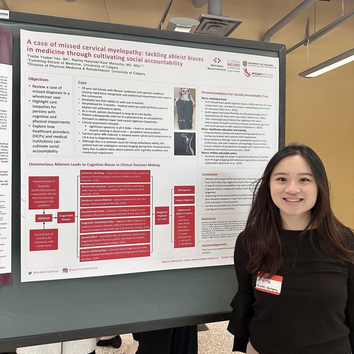 Female student shown on the right with a research poster shown on the left.