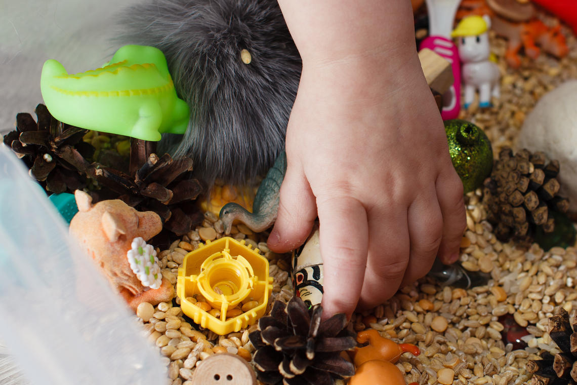 toddler hand in sensory bin