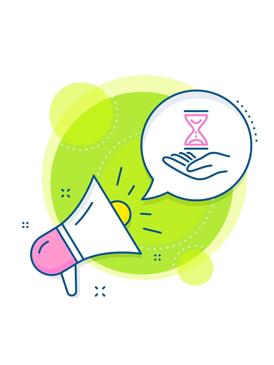 A small cartoon of a pink megaphone. In a green circle there is a blue cartoon hand holding a pink hourglass. 