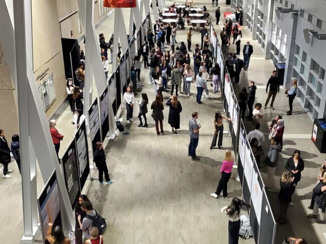 A birds eye view of the atrium during the Symposium. Two isles of poster board presentations are displayed. Attendees are walking and looking at the boards