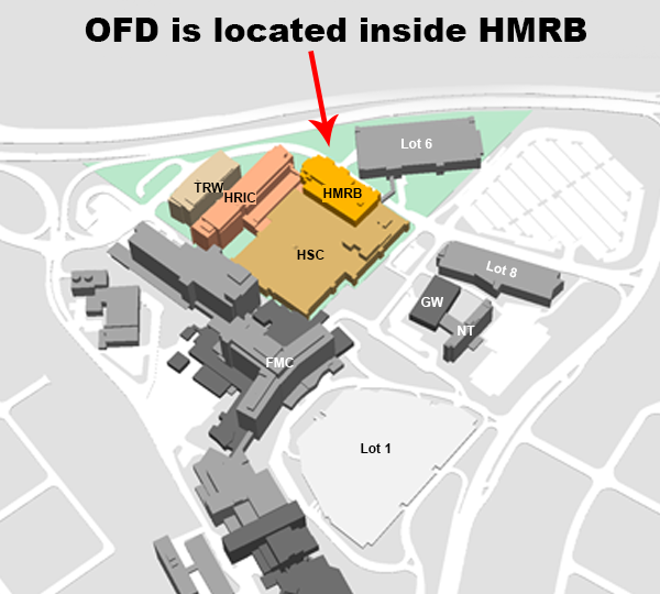Foothills parking map with a red arrow point to HMRB and stating that OFD is located within HMRB.