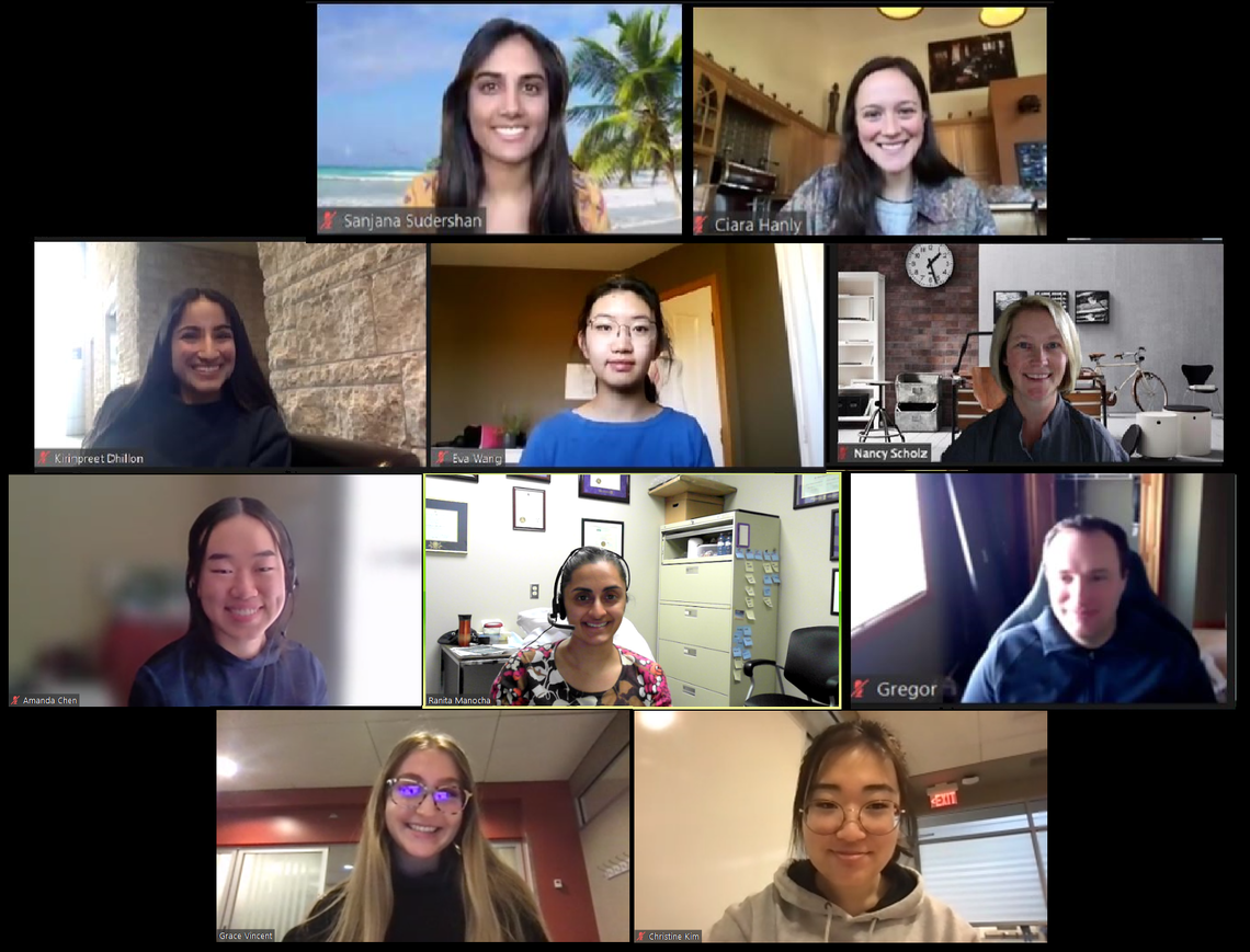 Photograph of 9 lab members in a Zoom meeting Photograph of 9 lab members in a Zoom meeting