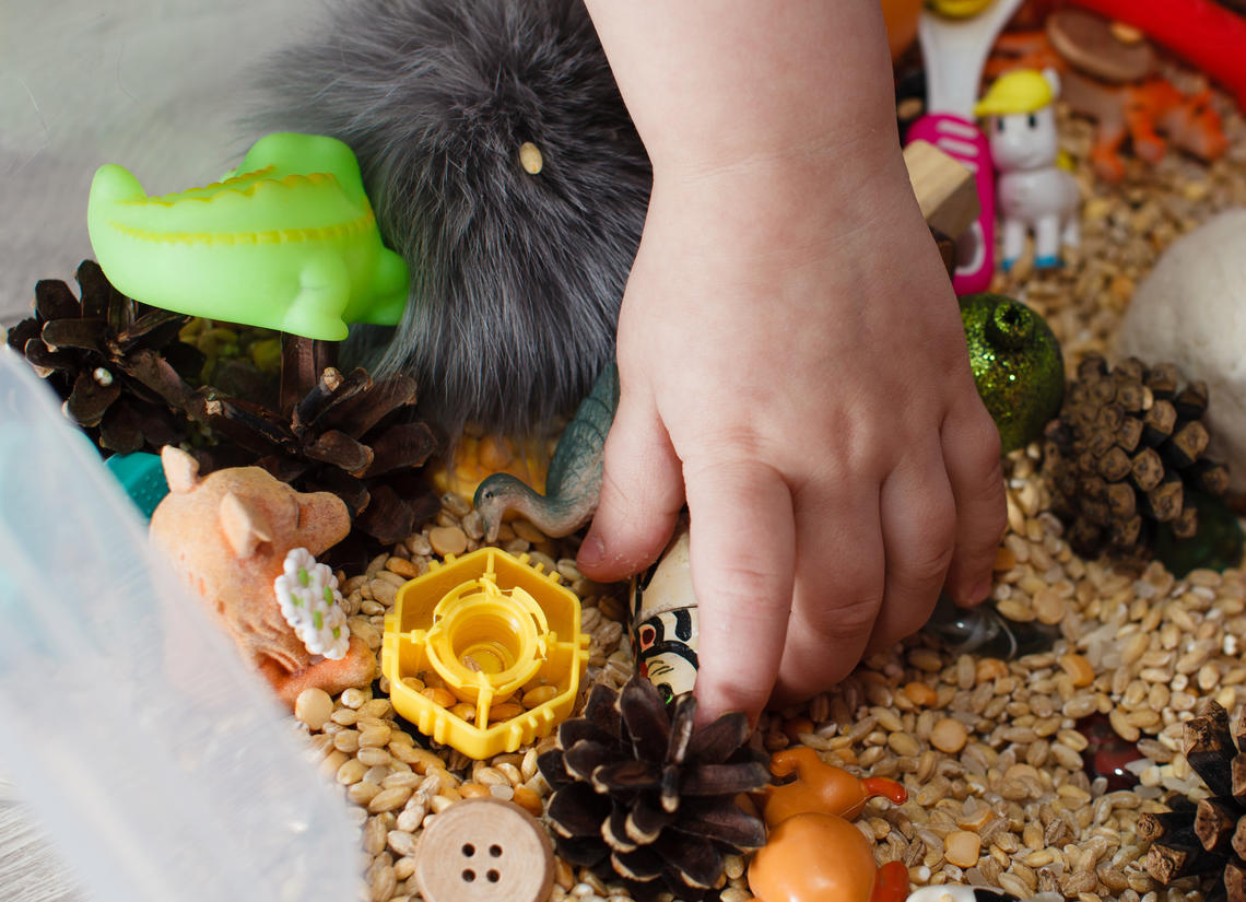 Toddler hand exploring sensory bin