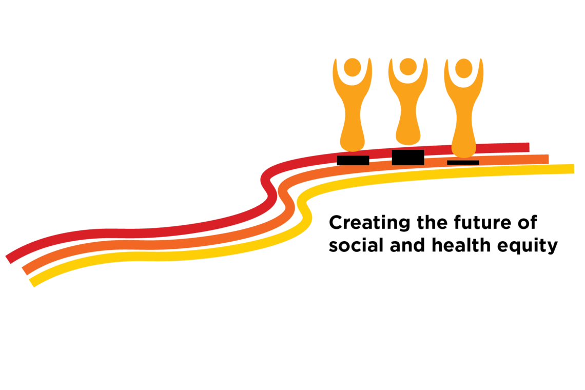 red, orange, yellow curved lines with three people standing on top
