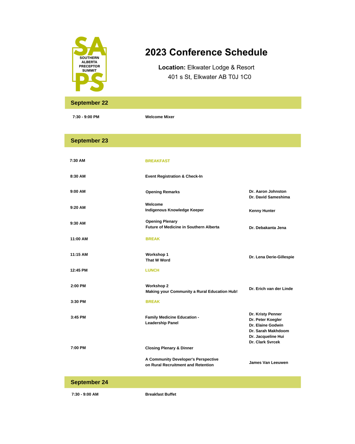 SAPS schedule at a glance