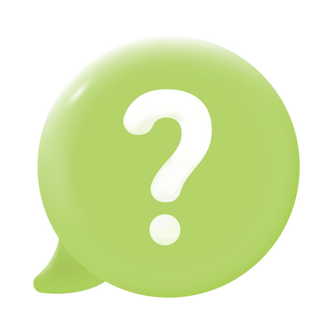 A green cartoon speech bubble with a white question mark inside it 