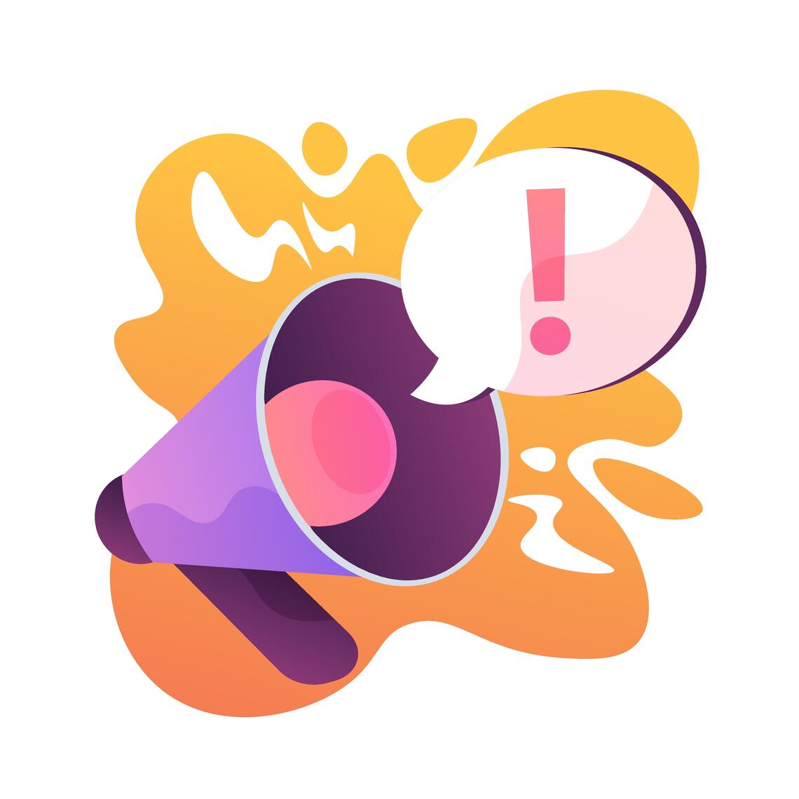 A pink and purple megaphone graphic against a yellow splash of color in the background. There is a speech bubble coming out of the megaphone with a pink exclamation point 