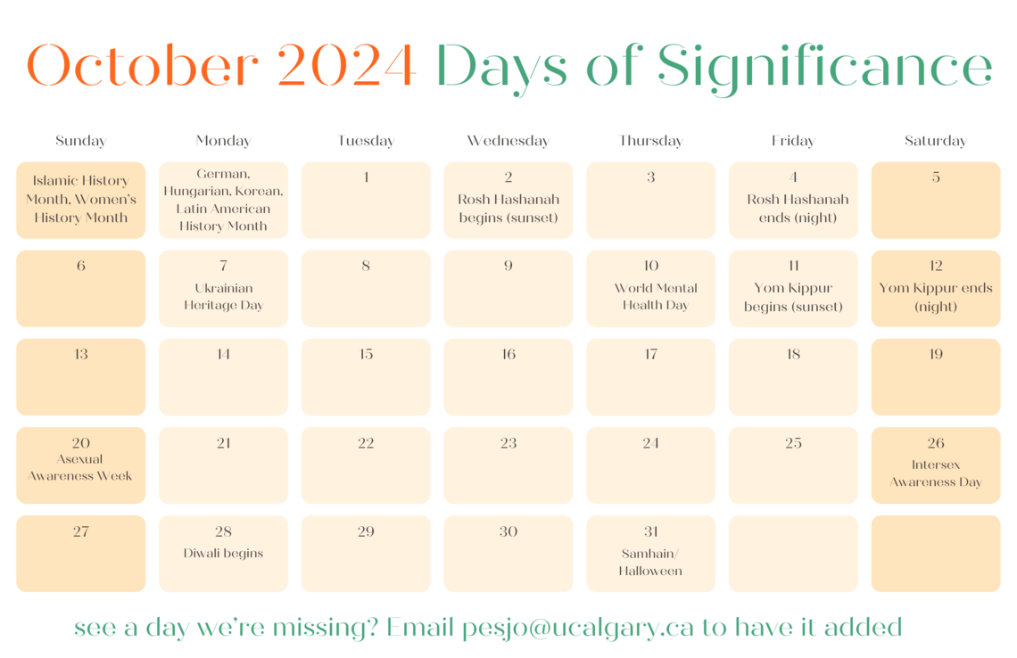 October 2024 calendar displaying days of significance