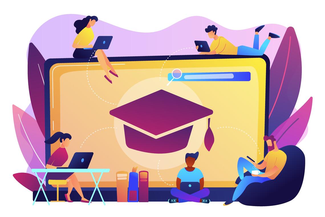 illustration of multiple figures on laptops, sitting around a large screen showing a graduation cap.