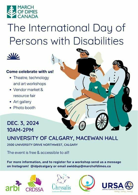 A Poster for the March of Dimes Day of Persons with Disabilities. The event will be held on December 3rd at MacEwan Hall at the University of Calgary between 10 AM and 2 PM